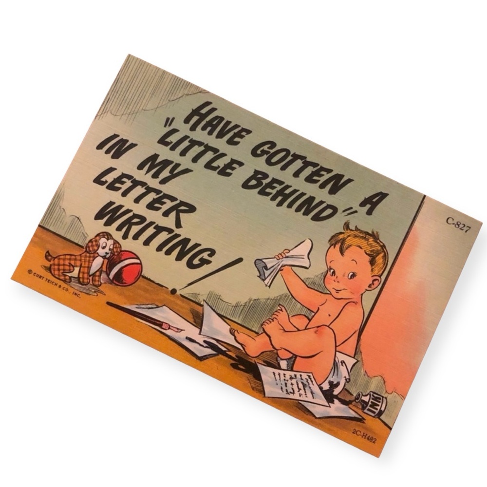 Vintage 1940’s Unused Linen Humor Postcard, Belated Vintage Note, Unused, Humor